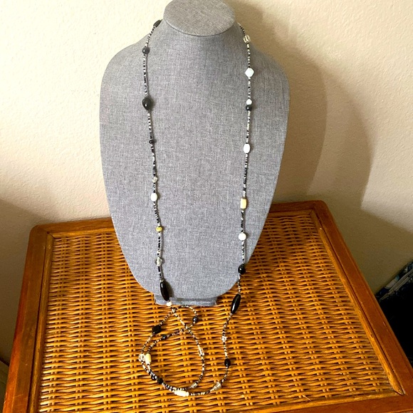 Vintage 90s ARTISAN SUPER LONG GLASS & Bone BEADED NECKLACE - Picture 3 of 4